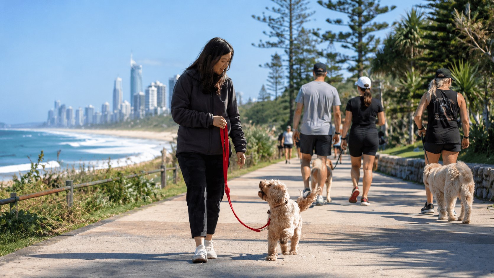 Calm dog walking on the Gold Coast beachfront